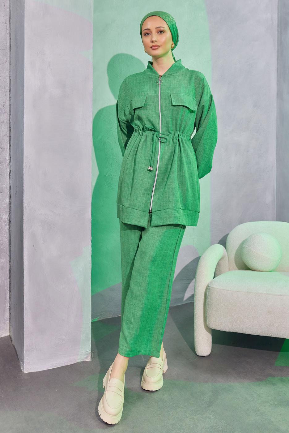 Tesettür giyim YEŞİL BELİ BAĞCIKLI PANTOLONLU TAKIM T 3304