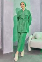 Tesettür giyim YEŞİL BELİ BAĞCIKLI PANTOLONLU TAKIM T 3304