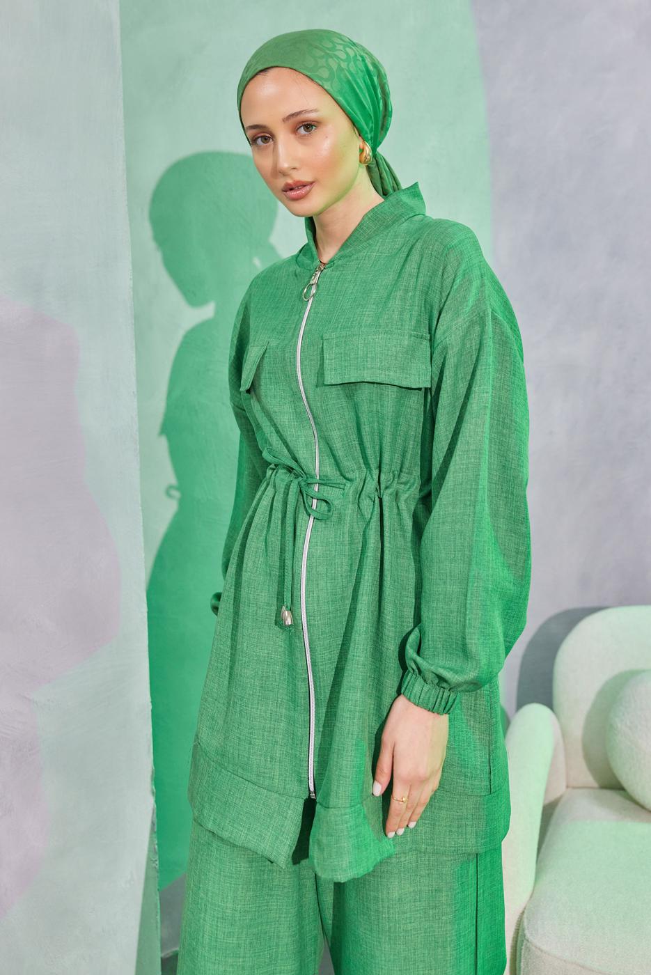 Tesettür giyim YEŞİL BELİ BAĞCIKLI PANTOLONLU TAKIM T 3304