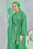 Tesettür giyim YEŞİL BELİ BAĞCIKLI PANTOLONLU TAKIM T 3304