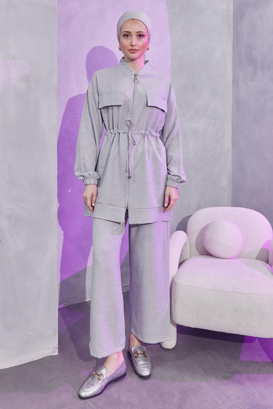 Tesettür giyim GRİ BELİ BAĞCIKLI PANTOLONLU TAKIM T 3304