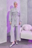 Tesettür giyim GRİ BELİ BAĞCIKLI PANTOLONLU TAKIM T 3304