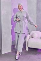 Tesettür giyim GRİ BELİ BAĞCIKLI PANTOLONLU TAKIM T 3304