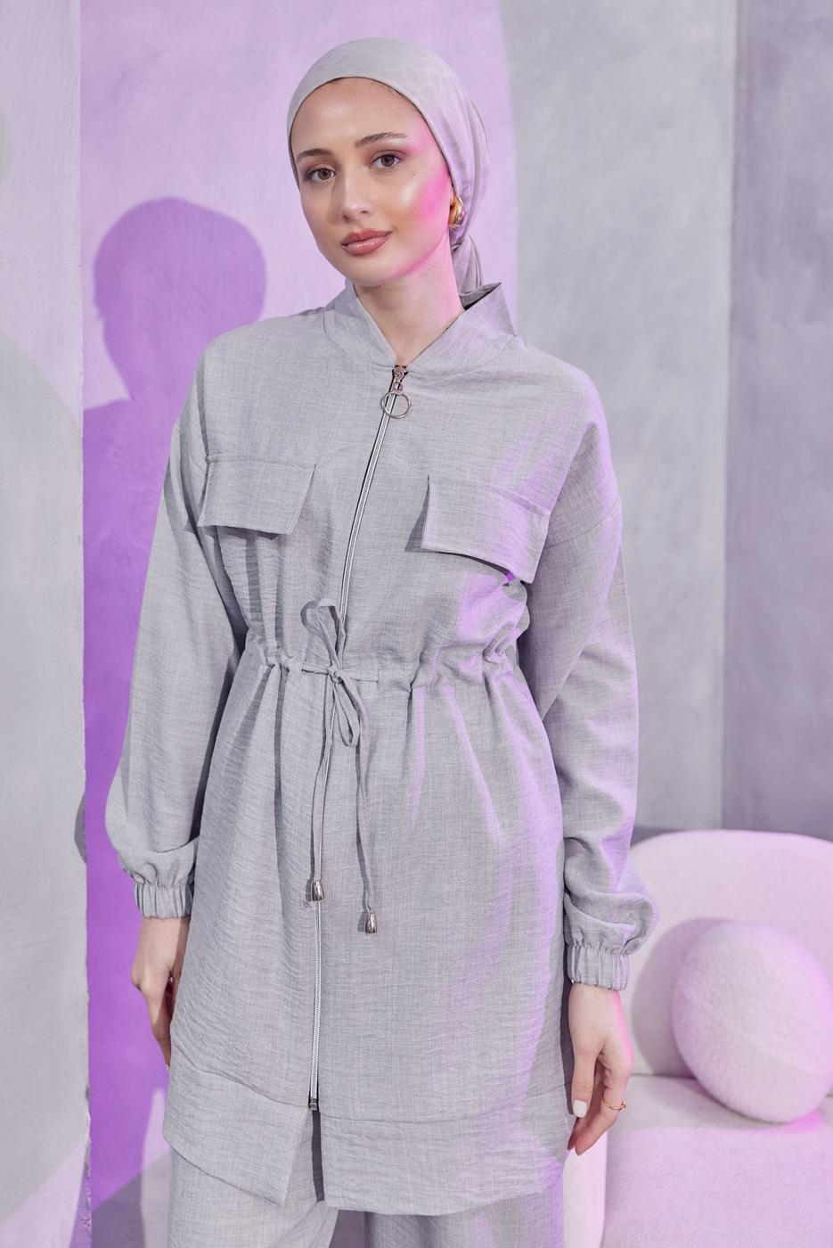 Tesettür giyim GRİ BELİ BAĞCIKLI PANTOLONLU TAKIM T 3304
