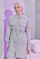Tesettür giyim GRİ BELİ BAĞCIKLI PANTOLONLU TAKIM T 3304