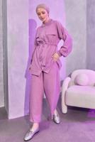 Tesettür giyim MOR BELİ BAĞCIKLI PANTOLONLU TAKIM T 3304