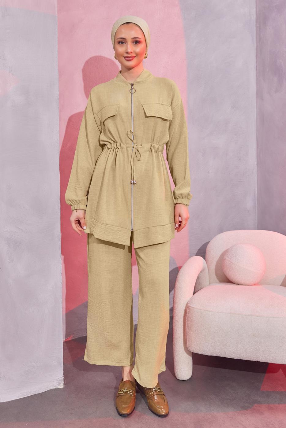 Tesettür giyim KAHVE BELİ BAĞCIKLI PANTOLONLU TAKIM T 3304