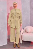 Tesettür giyim KAHVE BELİ BAĞCIKLI PANTOLONLU TAKIM T 3304