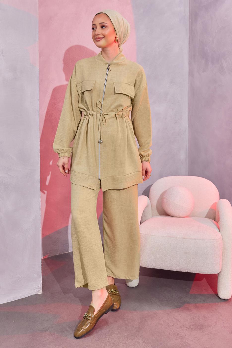 Tesettür giyim KAHVE BELİ BAĞCIKLI PANTOLONLU TAKIM T 3304