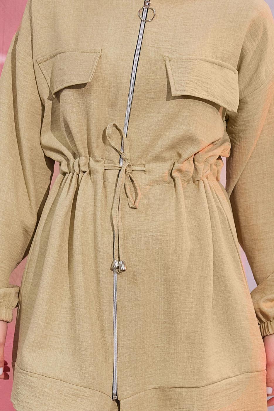 Tesettür giyim KAHVE BELİ BAĞCIKLI PANTOLONLU TAKIM T 3304