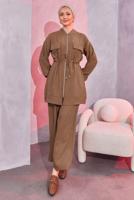 Tesettür giyim KAHVE BELİ BAĞCIKLI PANTOLONLU TAKIM T 3304