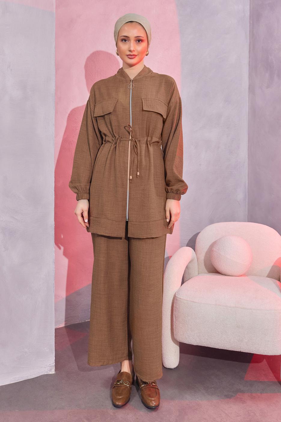 Tesettür giyim KAHVE BELİ BAĞCIKLI PANTOLONLU TAKIM T 3304