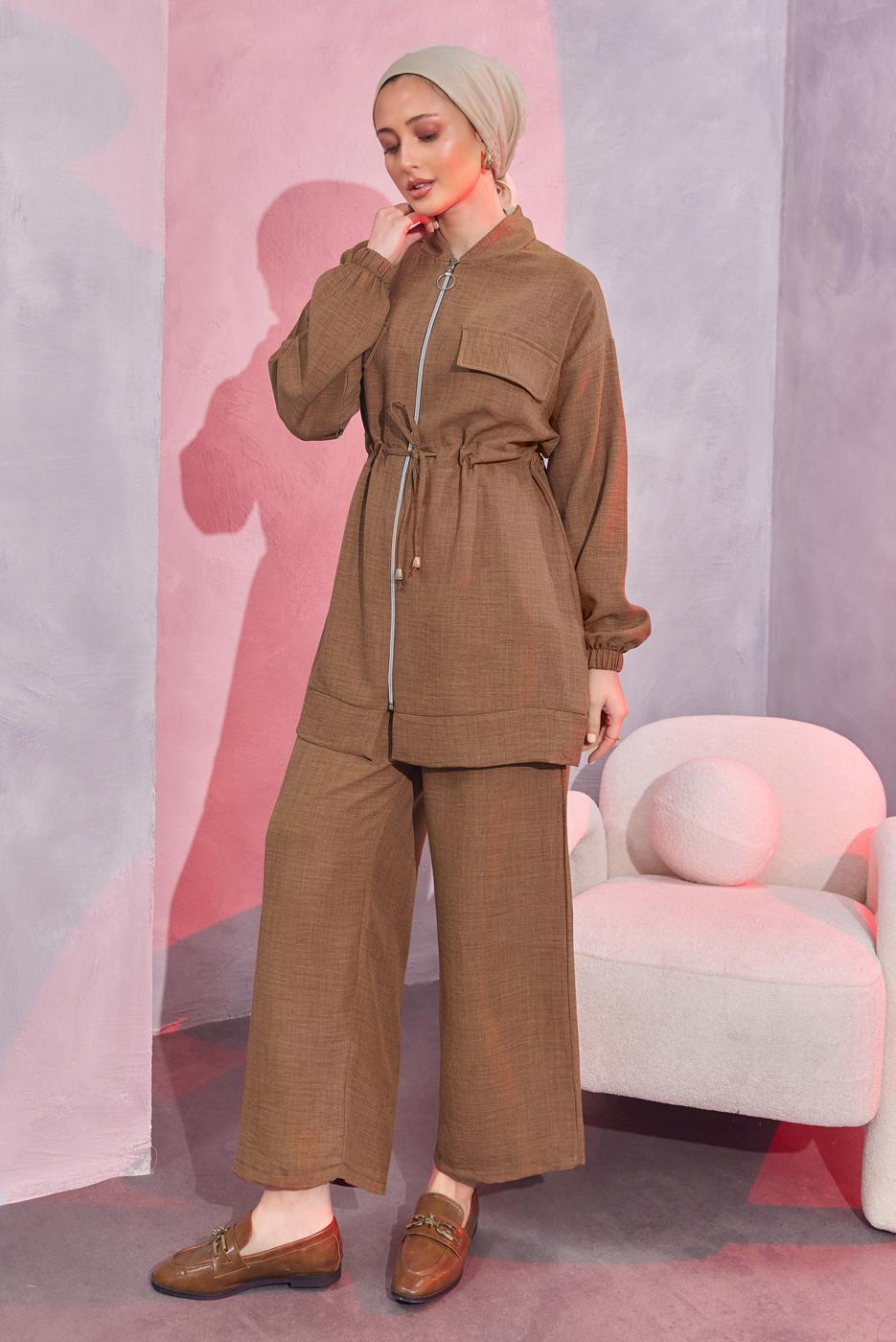 Tesettür giyim KAHVE BELİ BAĞCIKLI PANTOLONLU TAKIM T 3304