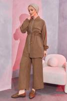 Tesettür giyim KAHVE BELİ BAĞCIKLI PANTOLONLU TAKIM T 3304
