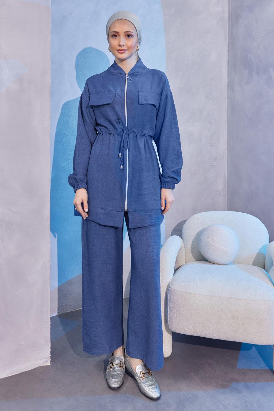 Tesettür giyim LACİVERT BELİ BAĞCIKLI PANTOLONLU TAKIM T 3304