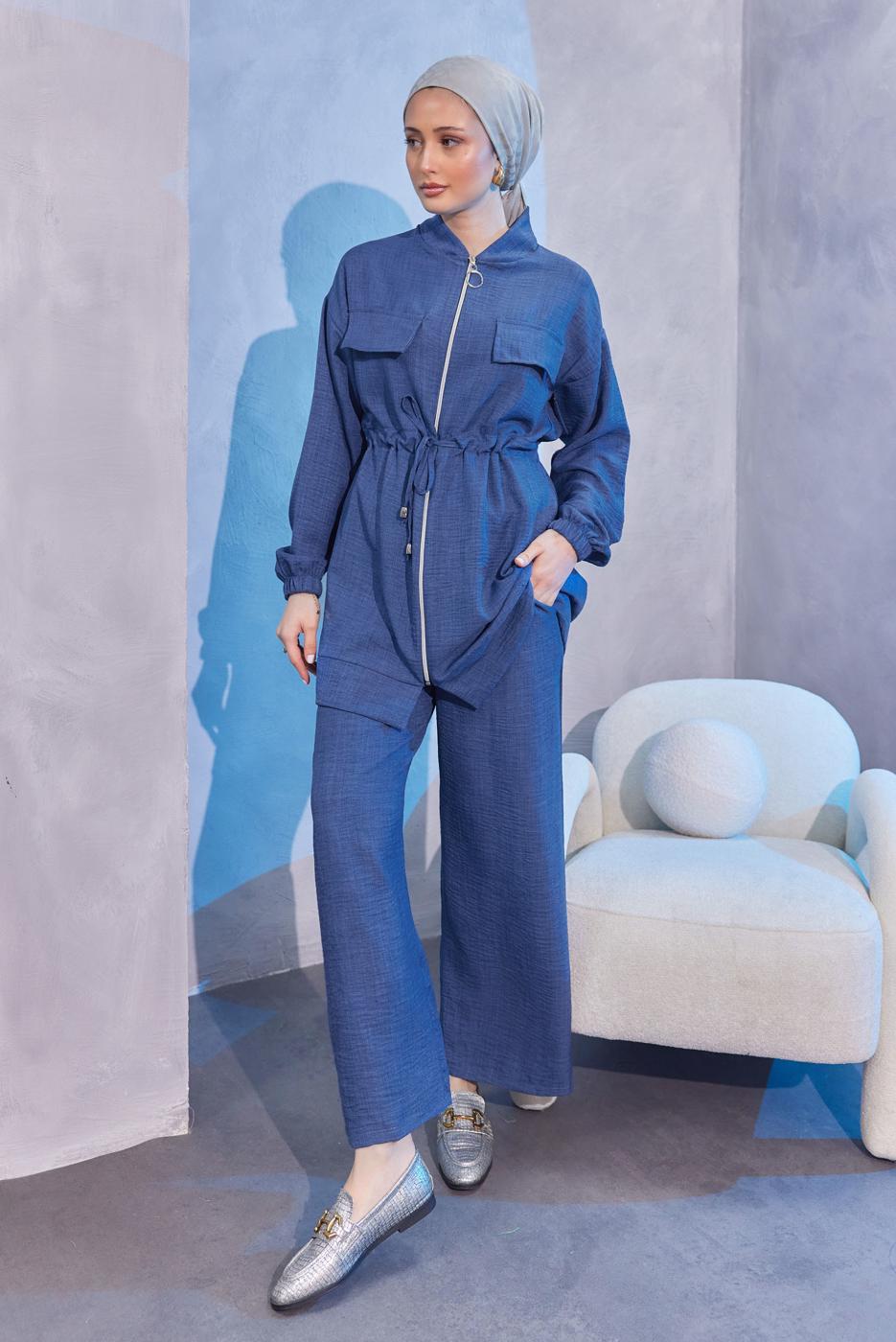 Tesettür giyim LACİVERT BELİ BAĞCIKLI PANTOLONLU TAKIM T 3304