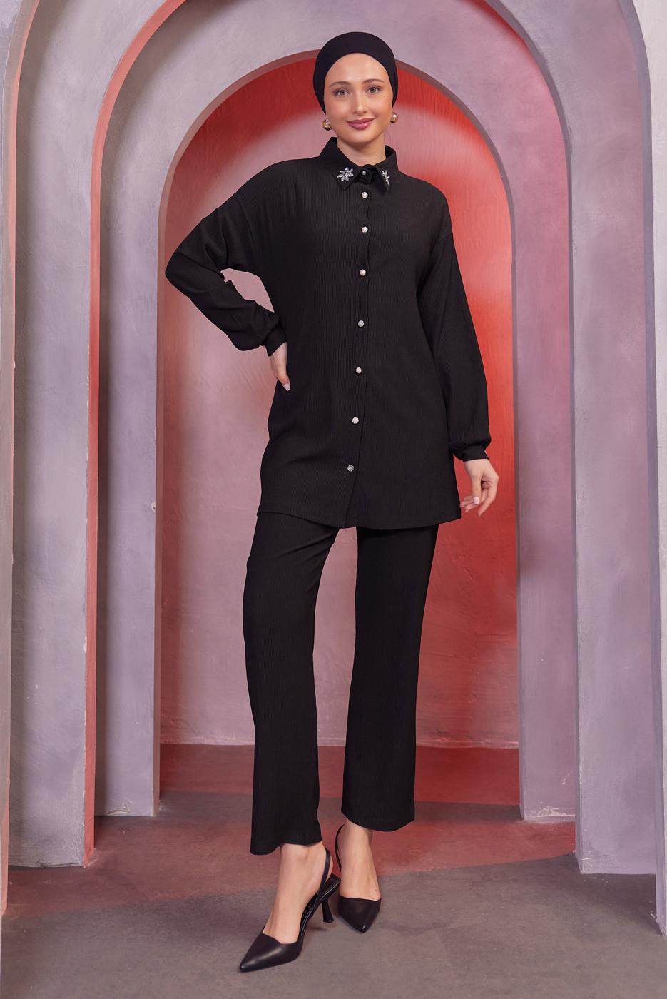 Tesettür giyim SİYAH TAŞ BASKILI PANTOLONLU TAKIM T 3393