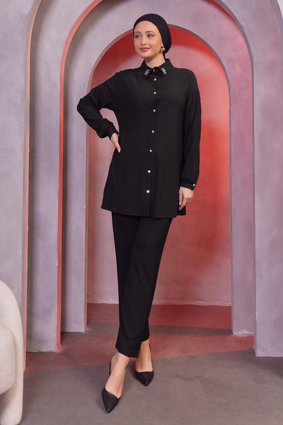 Tesettür giyim SİYAH TAŞ BASKILI PANTOLONLU TAKIM T 3393