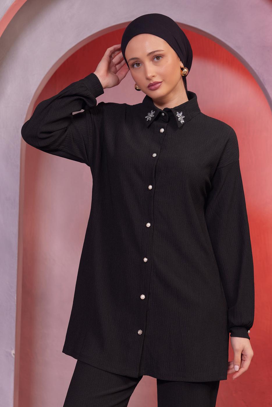 Tesettür giyim SİYAH TAŞ BASKILI PANTOLONLU TAKIM T 3393