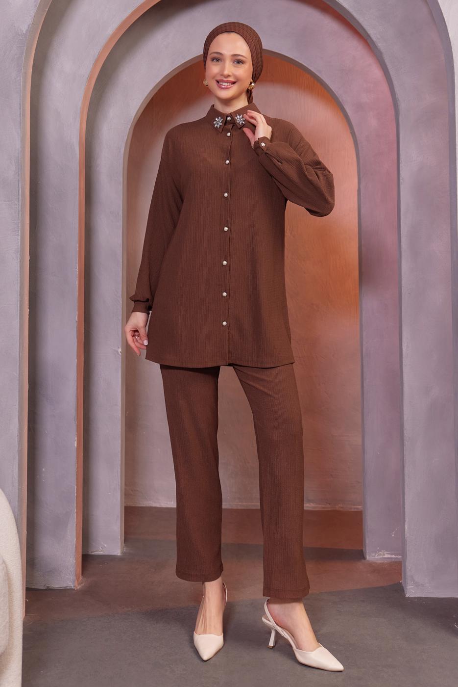 Tesettür giyim KAHVE TAŞ BASKILI PANTOLONLU TAKIM T 3393