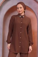 Tesettür giyim KAHVE TAŞ BASKILI PANTOLONLU TAKIM T 3393