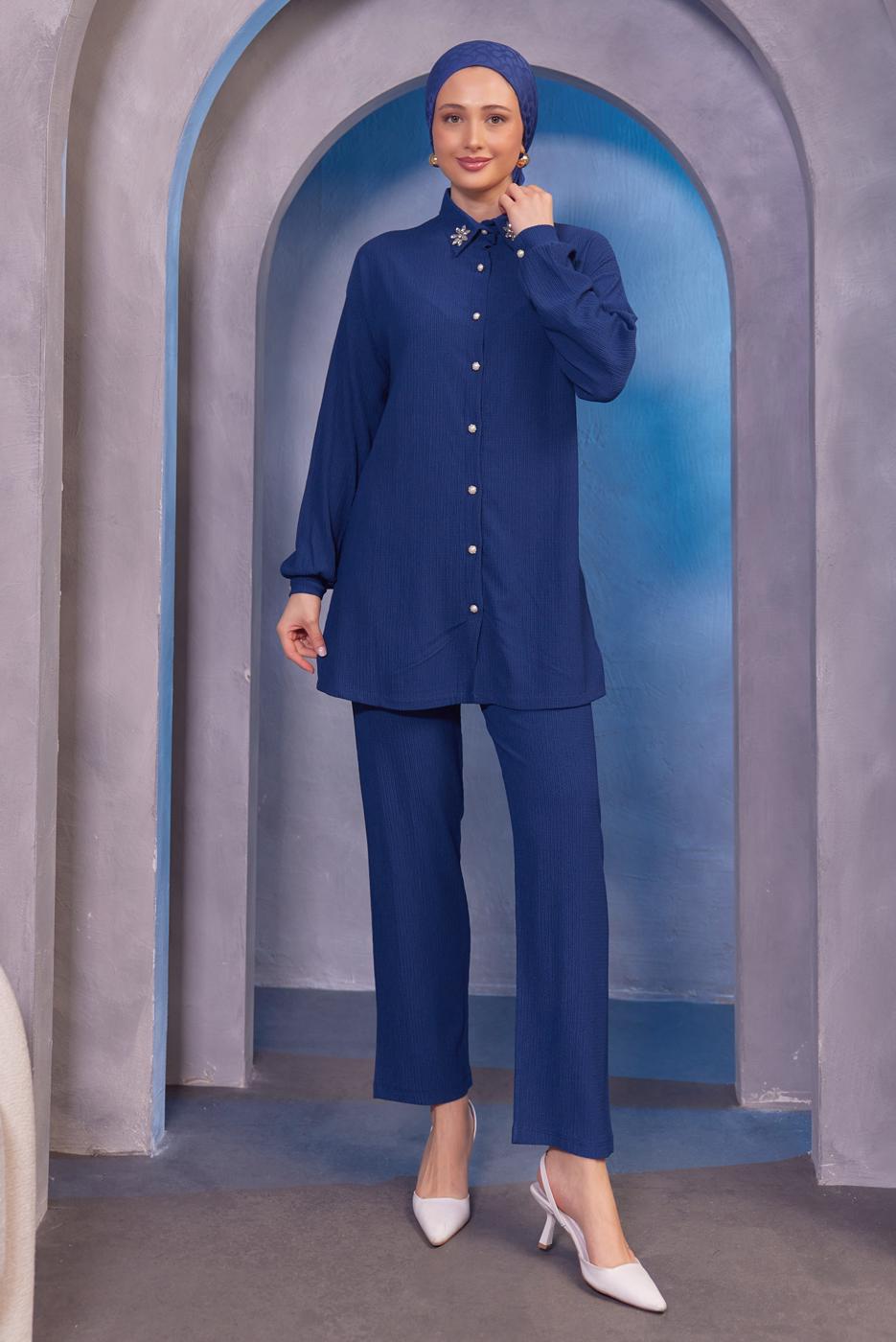 Tesettür giyim LACİVERT TAŞ BASKILI PANTOLONLU TAKIM T 3393