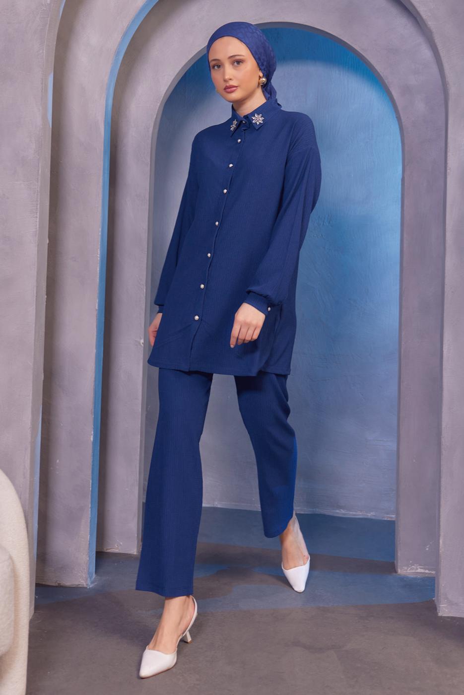 Tesettür giyim LACİVERT TAŞ BASKILI PANTOLONLU TAKIM T 3393