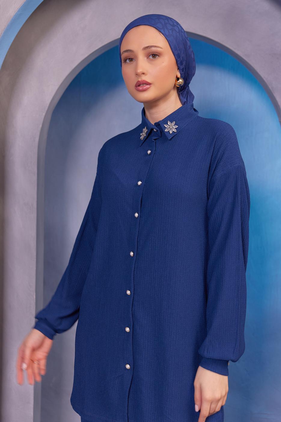 Tesettür giyim LACİVERT TAŞ BASKILI PANTOLONLU TAKIM T 3393