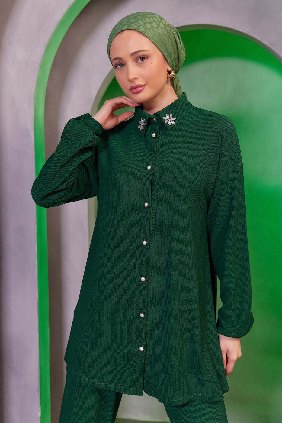 Tesettür giyim YEŞİL TAŞ BASKILI PANTOLONLU TAKIM T 3393