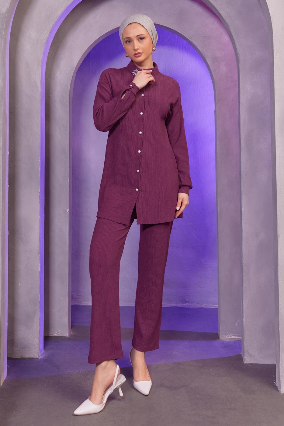 Tesettür giyim PEMBE TAŞ BASKILI PANTOLONLU TAKIM T 3393