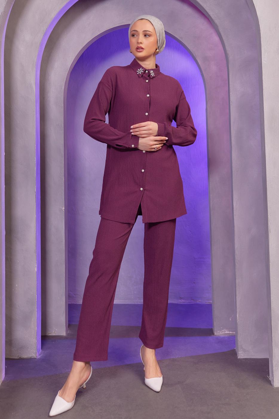 Tesettür giyim PEMBE TAŞ BASKILI PANTOLONLU TAKIM T 3393