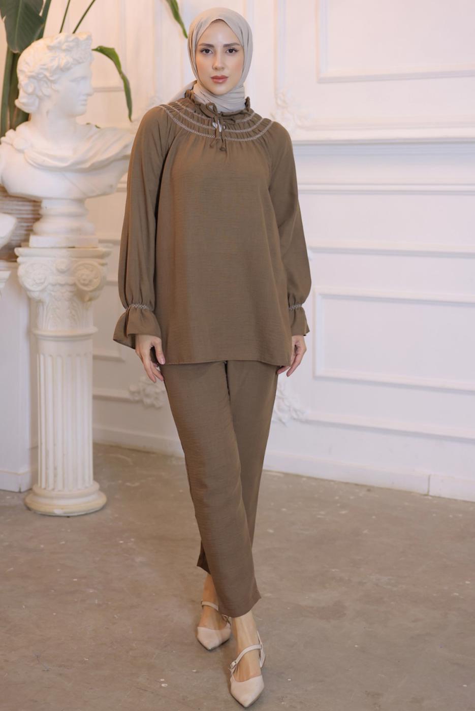 Tesettür giyim KAHVE YAKA BAĞLAMALI PANTOLONLU TAKIM T 34616