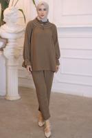 Tesettür giyim KAHVE YAKA BAĞLAMALI PANTOLONLU TAKIM T 34616