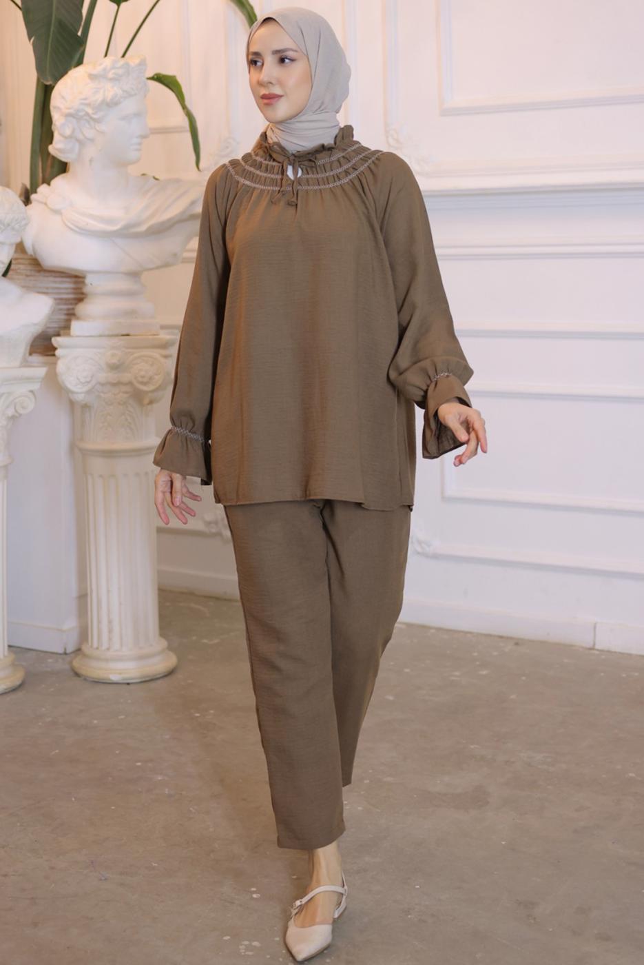 Tesettür giyim KAHVE YAKA BAĞLAMALI PANTOLONLU TAKIM T 34616