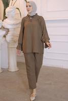 Tesettür giyim KAHVE YAKA BAĞLAMALI PANTOLONLU TAKIM T 34616