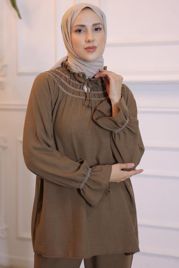 Tesettür giyim  YAKA BAĞLAMALI PANTOLONLU TAKIM T 34616 - TRENDTESETTÜR