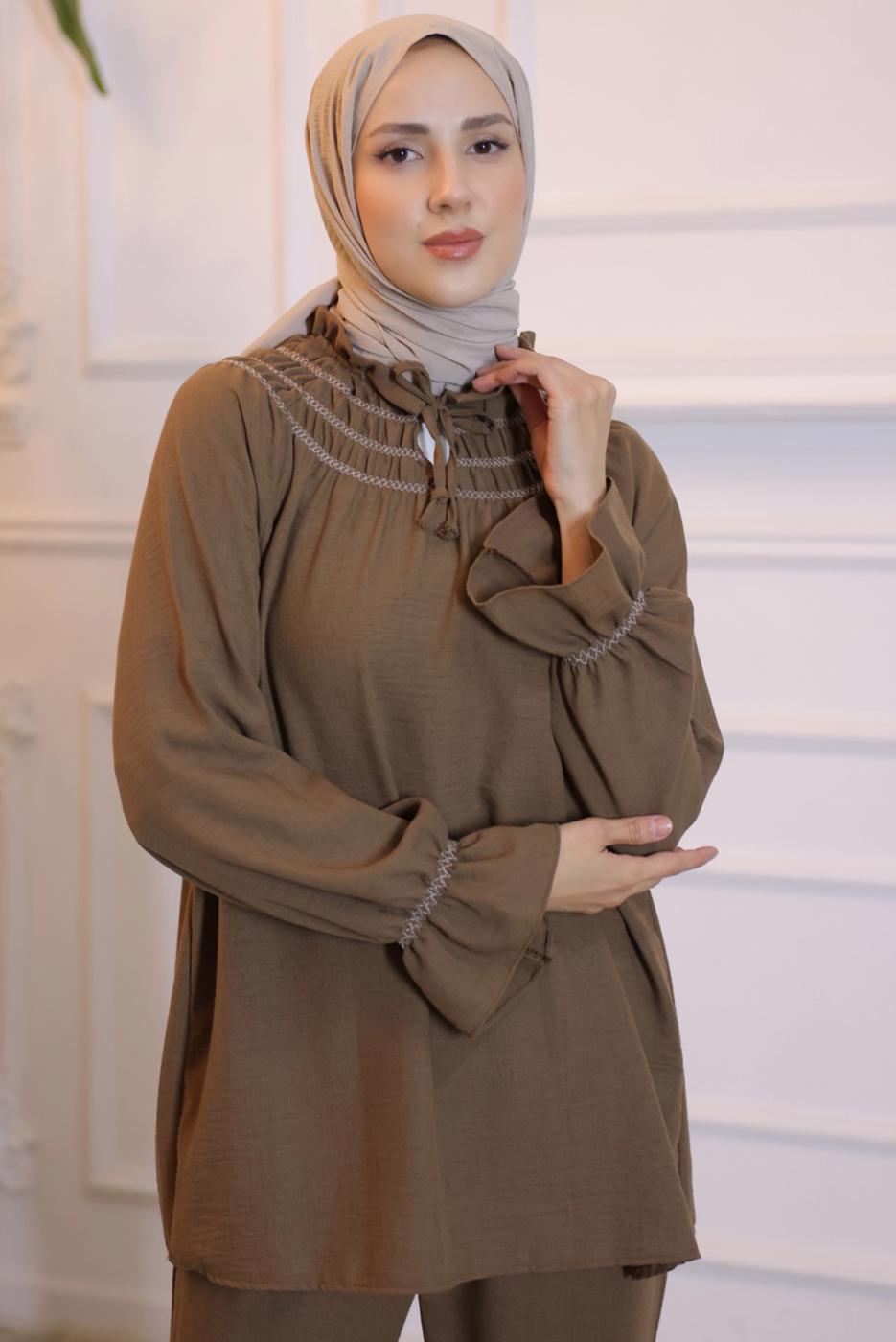 Tesettür giyim KAHVE YAKA BAĞLAMALI PANTOLONLU TAKIM T 34616