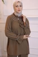 Tesettür giyim KAHVE YAKA BAĞLAMALI PANTOLONLU TAKIM T 34616