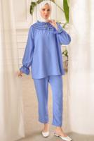 Tesettür giyim LACİVERT YAKA BAĞLAMALI PANTOLONLU TAKIM T 34616
