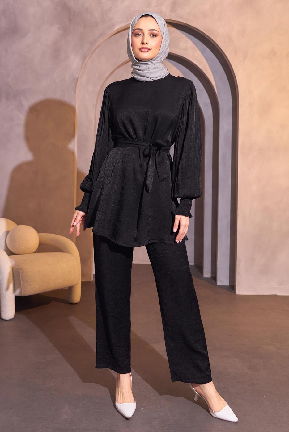 Tesettür giyim SİYAH KUŞAKLI PANTOLONLU TAKIM T 3514