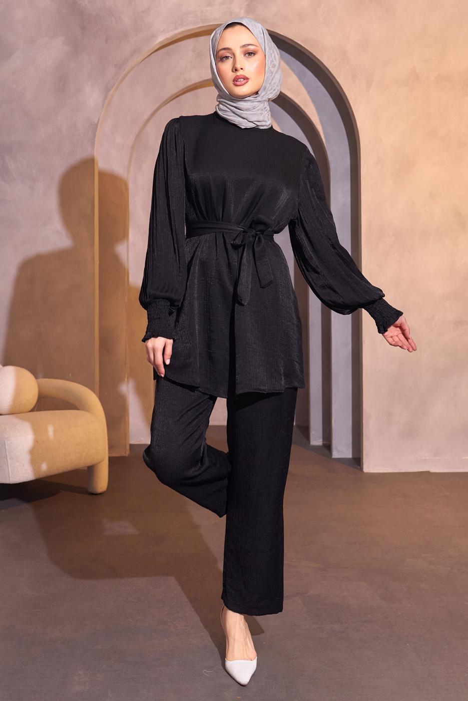 Tesettür giyim SİYAH KUŞAKLI PANTOLONLU TAKIM T 3514