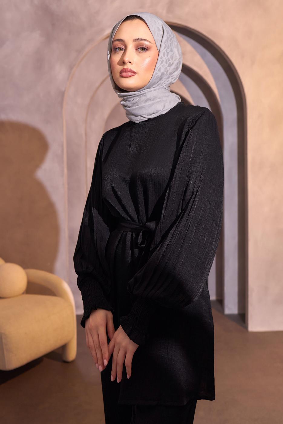 Tesettür giyim SİYAH KUŞAKLI PANTOLONLU TAKIM T 3514