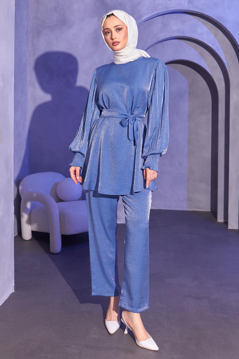 Tesettür giyim MAVİ KUŞAKLI PANTOLONLU TAKIM T 3514