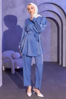 Tesettür giyim MAVİ KUŞAKLI PANTOLONLU TAKIM T 3514