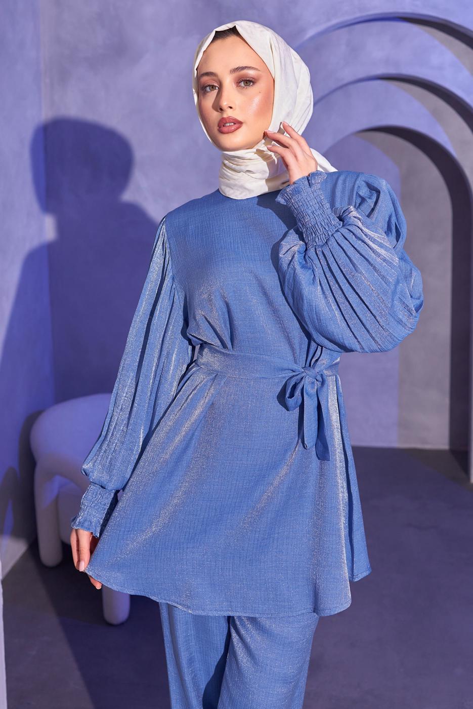 Tesettür giyim MAVİ KUŞAKLI PANTOLONLU TAKIM T 3514
