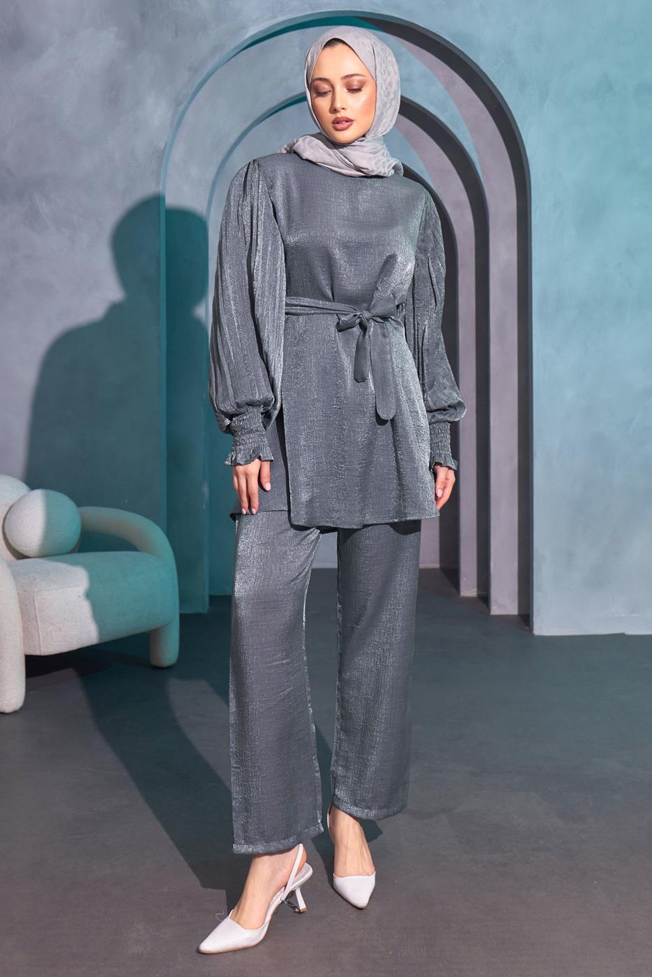 Tesettür giyim GRİ KUŞAKLI PANTOLONLU TAKIM T 3514