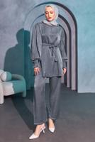 Tesettür giyim GRİ KUŞAKLI PANTOLONLU TAKIM T 3514