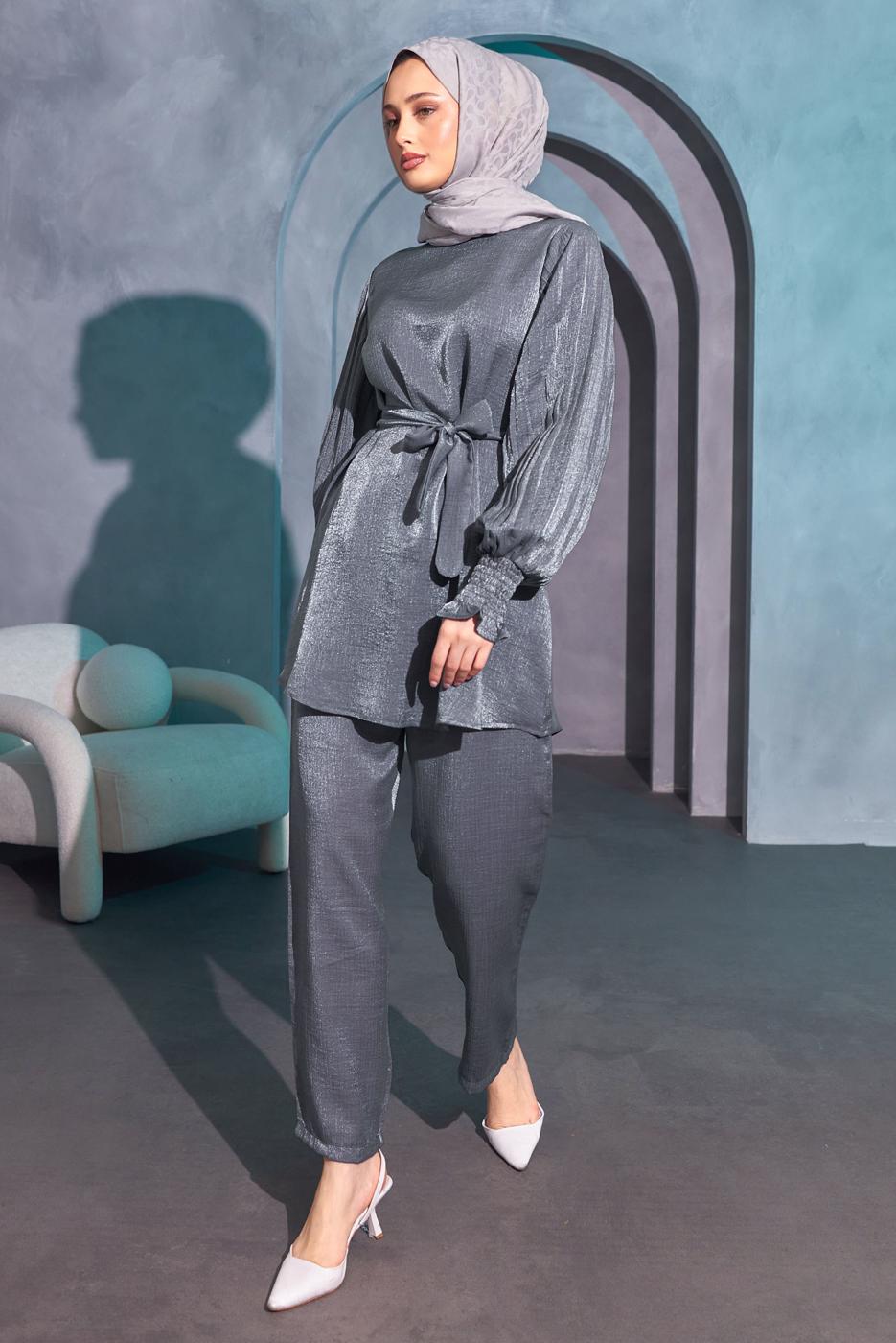 Tesettür giyim GRİ KUŞAKLI PANTOLONLU TAKIM T 3514