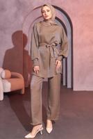 Tesettür giyim KAHVE KUŞAKLI PANTOLONLU TAKIM T 3514