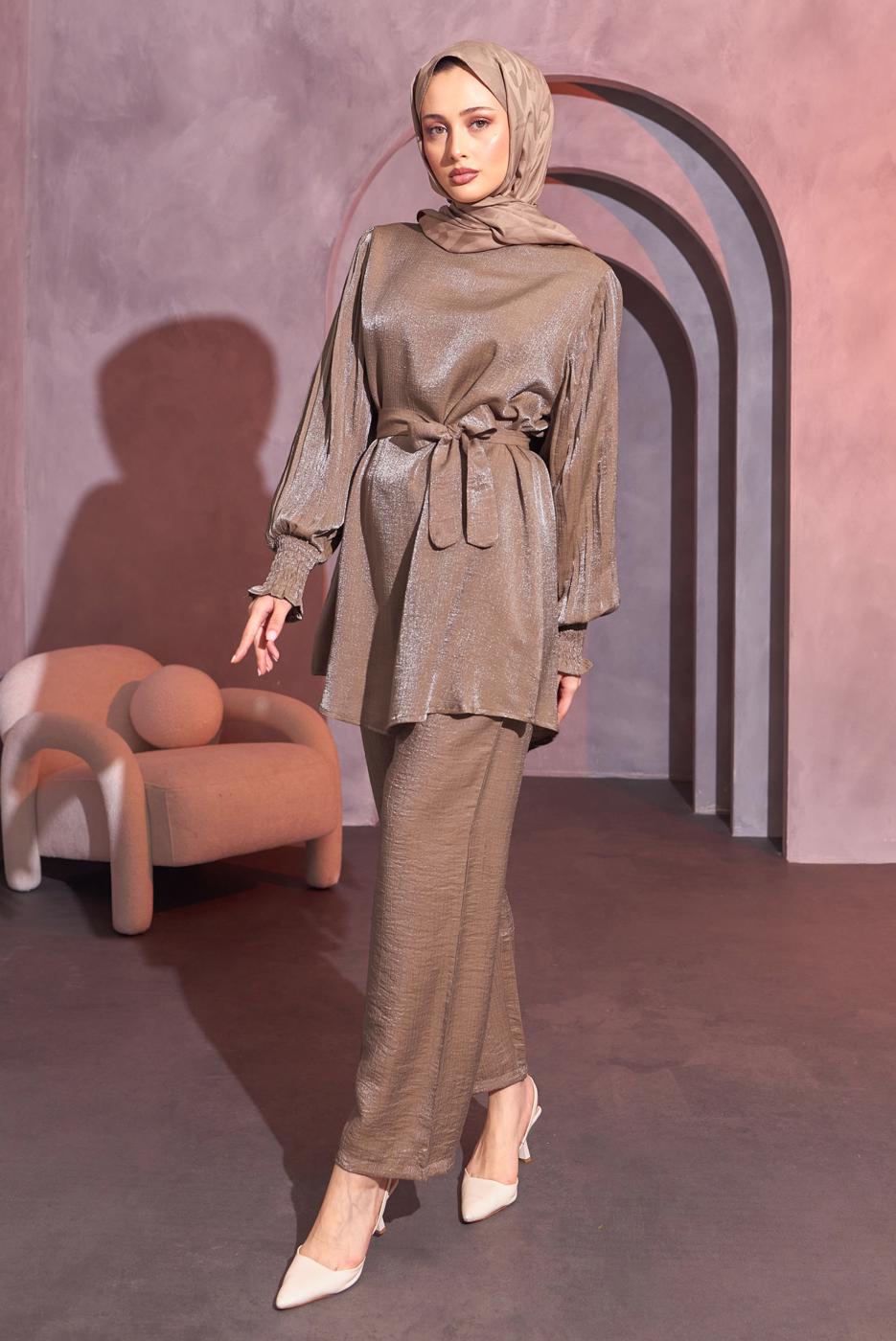 Tesettür giyim KAHVE KUŞAKLI PANTOLONLU TAKIM T 3514
